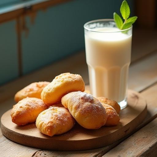 Fartons recién horneados, ligeros y azucarados, servidos junto a un vaso de horchata fresca valenciana.