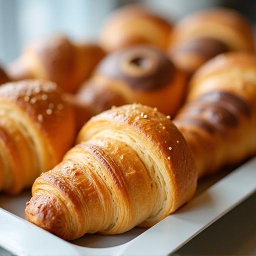 Bandeja con una exquisita selección de pastelería fina, incluyendo croissants dorados y pain au chocolat.