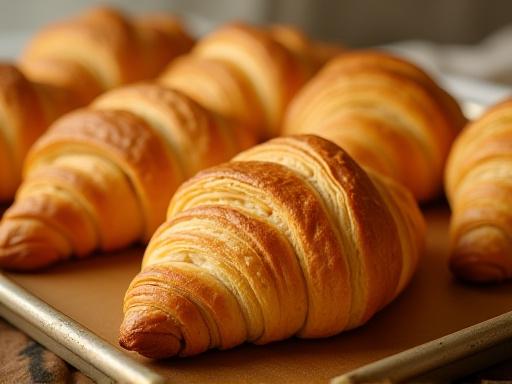 Bandeja de croissants dorados y crujientes, recién horneados y listos para disfrutar.