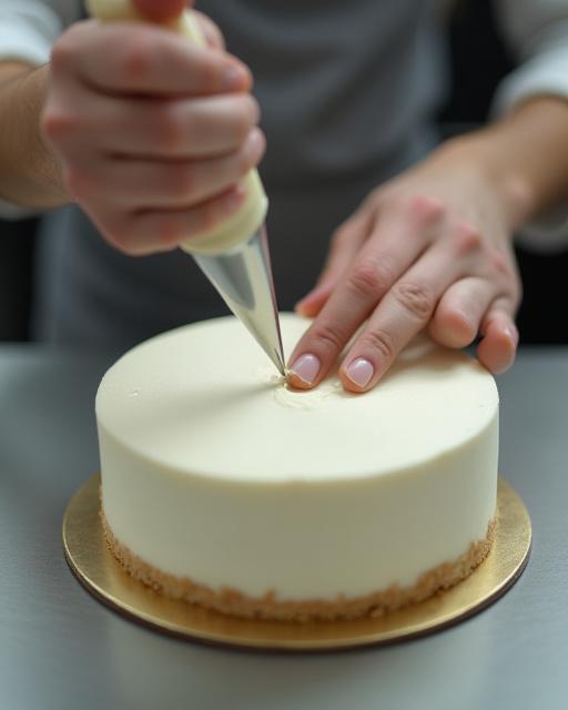 Manos expertas de un pastelero decorando meticulosamente una tarta con una manga pastelera.