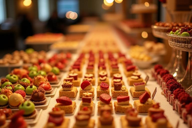 Mesa dulce completa y elegante para un evento, repleta de mini postres variados y coloridos.