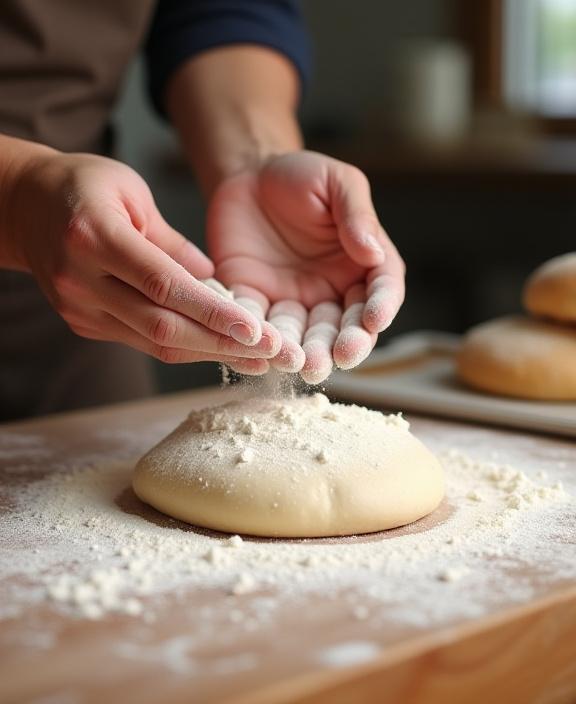 Manos de un panadero artesano espolvoreando harina sobre una masa fresca en Arrecife de Oro.